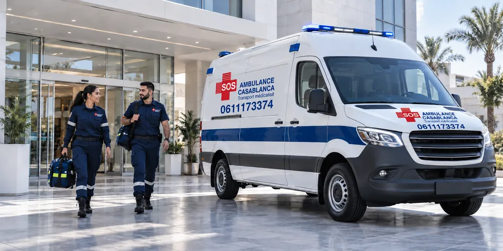 Ambulanza di Ambulance Casablanca davanti a una struttura sanitaria