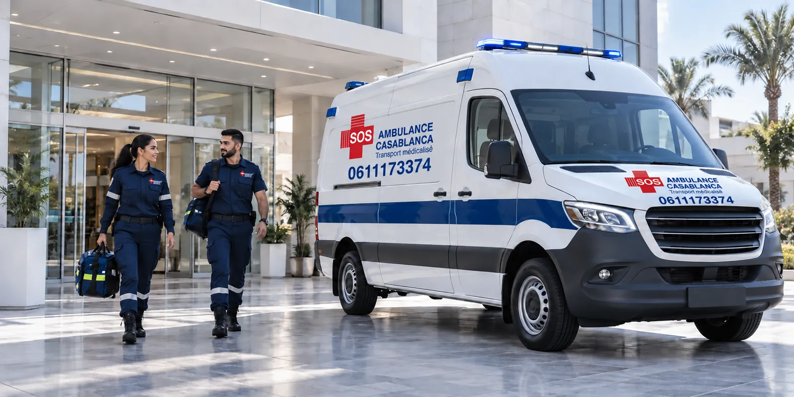 سيارة إسعاف تابعة لـ Ambulance Casablanca وفريقها أمام مؤسسة صحية