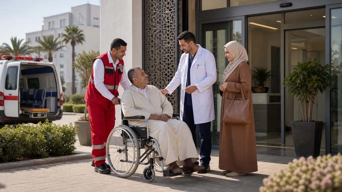 Patient marocain accompagné en fauteuil devant une clinique