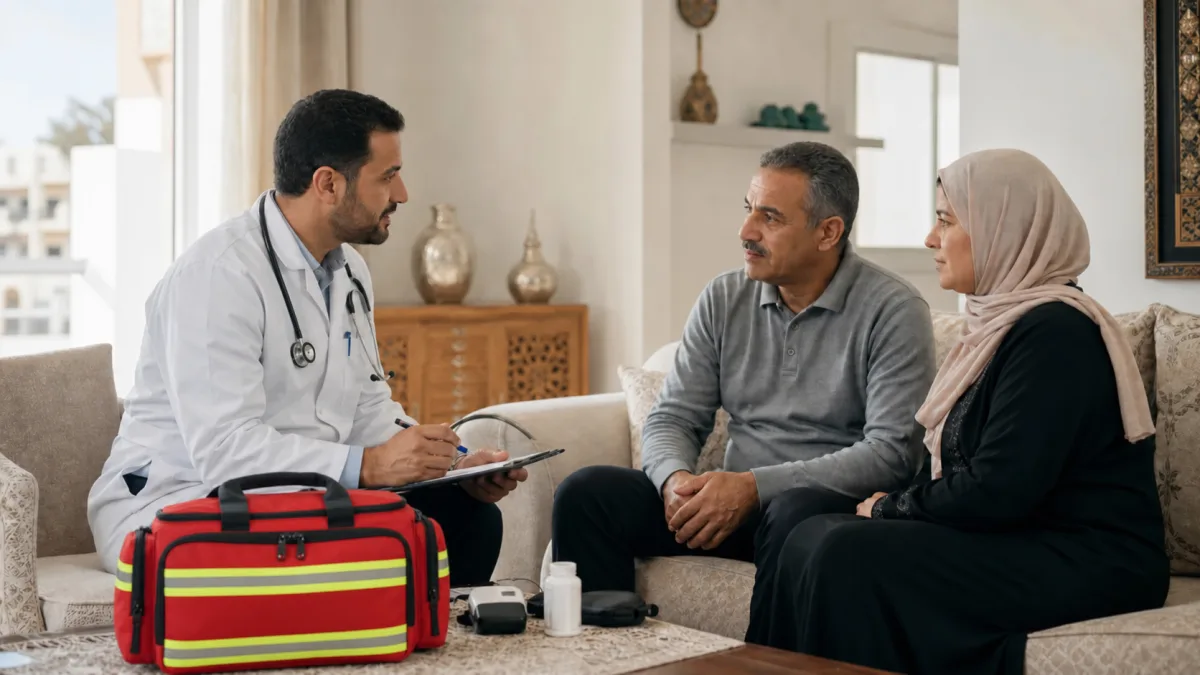 Médecin marocain avec sac médical rouge et jaune à domicile