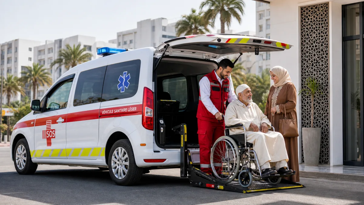 Véhicule sanitaire léger marqué SOS devant une clinique à Casablanca